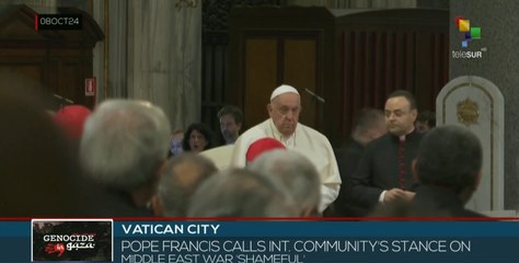 Pope Francis refers to international community's position on Middle East conflict as shameful