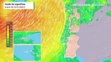 Mapa do vento de superfície, para Portugal.