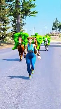 Superhero Rescues Damsel in Distress from Four Hulk-like Villains