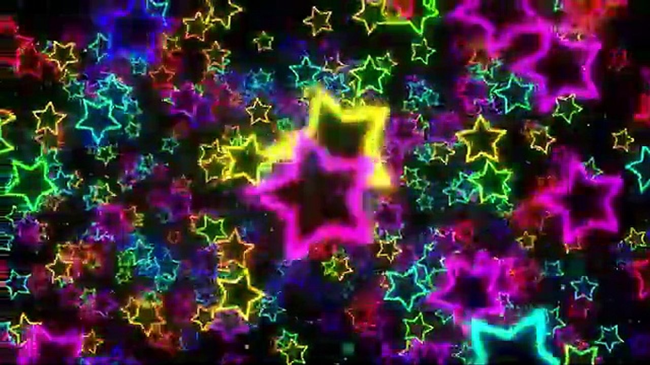 Bright colorful neon stars flying in a black background