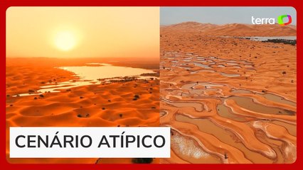 Raras chuvas inundam e formam lagoas entre dunas no deserto do Saara