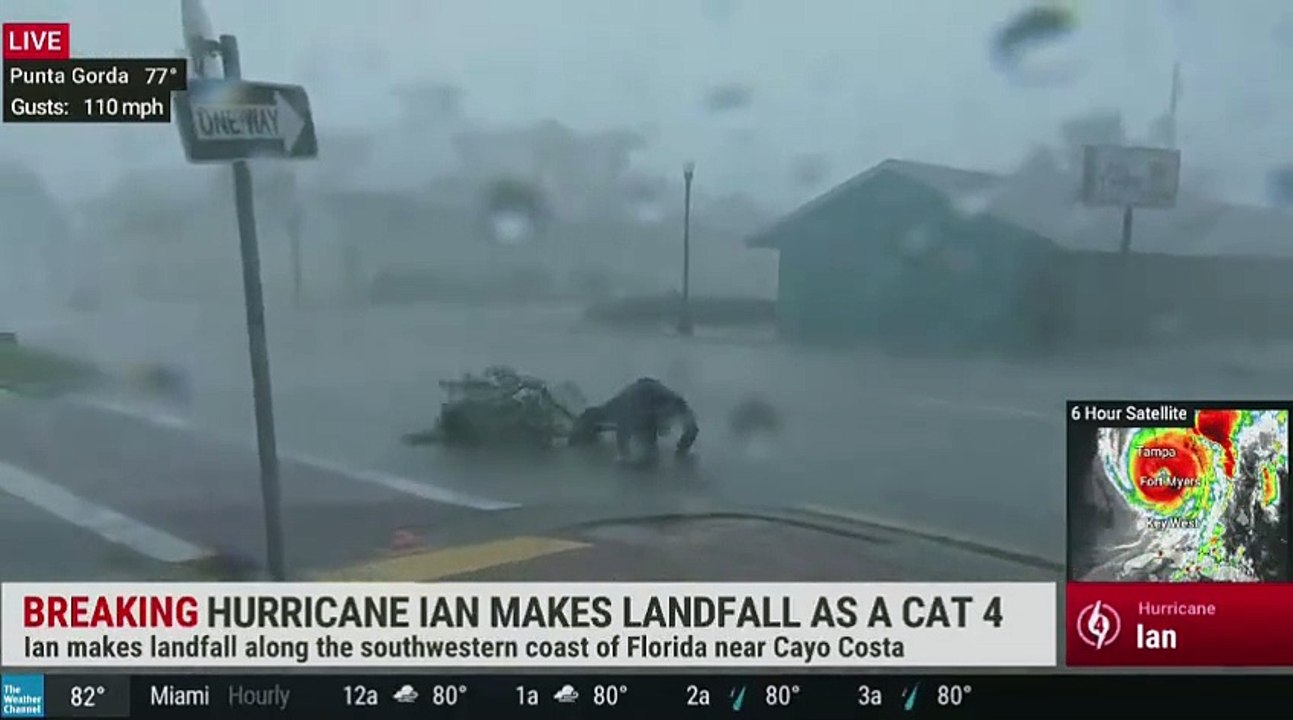 Ouragan Milton - Jim Cantore, le "Monsieur Ouragan" de la chaîne américaine "The Weather Chanel" se retrouve au sol en direct après avoir été fauché par une branche d'arbre