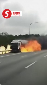 Tanker lorry enters opposite lane, catches fire on Elite Highway