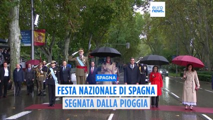 Скачать видео: Festa nazionale in Spagna: a Madrid la parata militare, ma la pioggia rovina i programmi