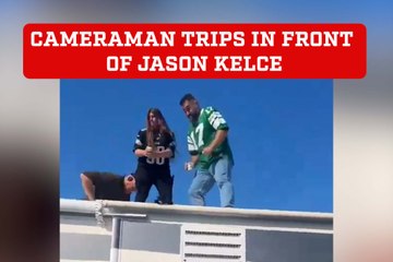 Jason Kelce's tailgate chug takes a turn as cameraman trips