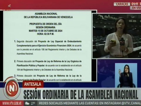 Asamblea Nacional presenta los 5 puntos de la agenda parlamentaria para la sesión ordinaria del dia