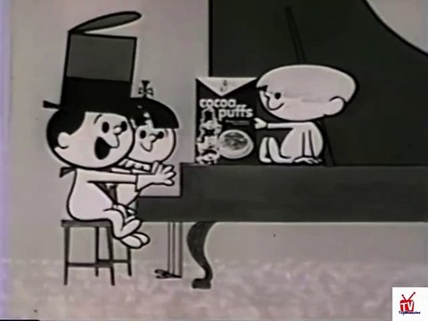 1950s animated Cocoa puffs TV commercial - kids playing a piano & singing Cocoa Puffs song