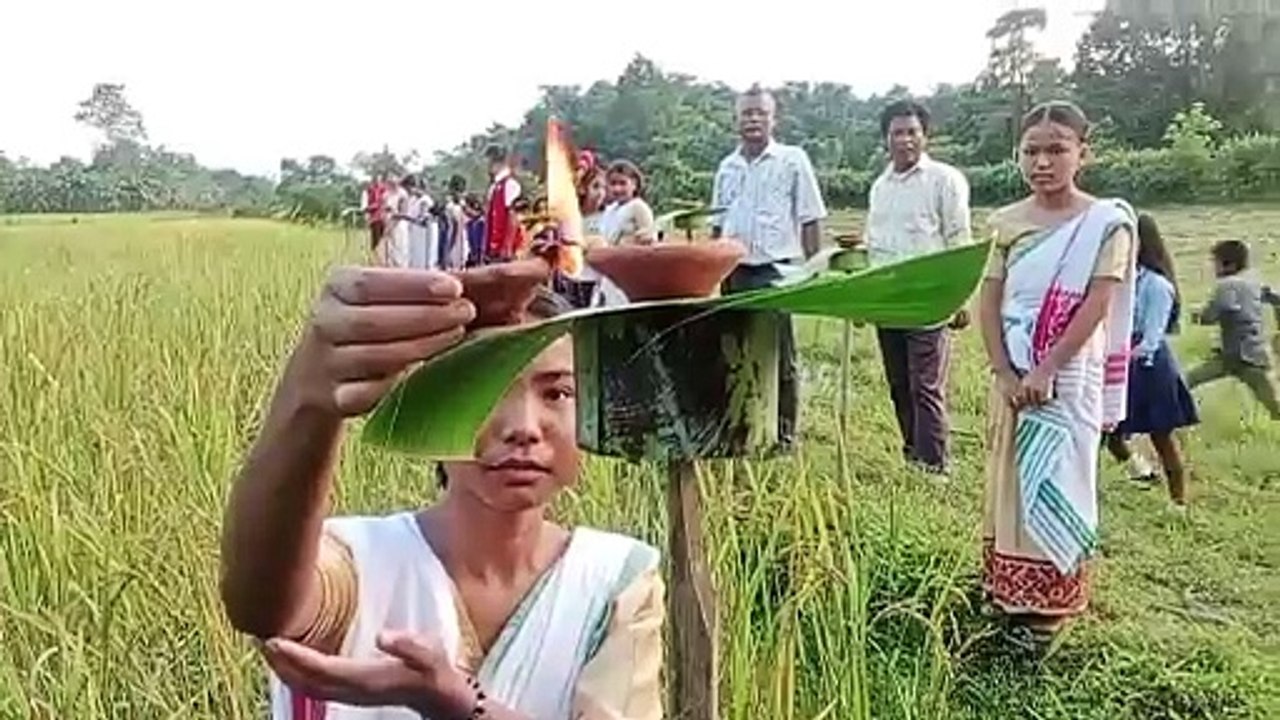 School going students practices Kati Bihu