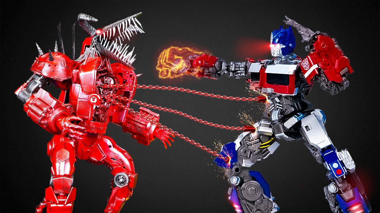 Optimus Prime in Action! The Leader of the Autobots Fights the Mighty Upgraded Titan Drillman 