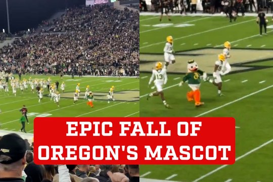 Oregon Ducks mascot takes a hilarious fall recovers in epic fashion before Purdue game
