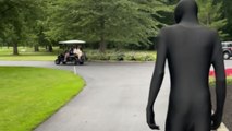 Girl in golf cart cannot control herself after slender man begins a chase