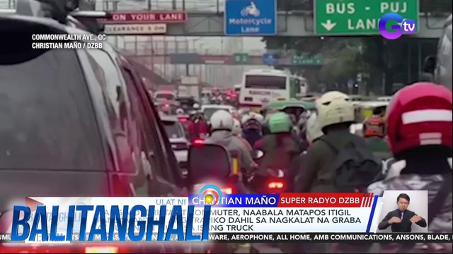 Ilang motorista at commuter, naabala matapos itigil pansamantala ang trapiko dahil sa nagkalat na graba at buhangin mula sa isang truck | Balitanghali