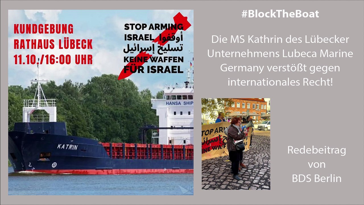 Lübeck 04 Redebeitrag von BDS Berlin #BlockTheBoat - MS Kathrin - Lubeca Marine Germany