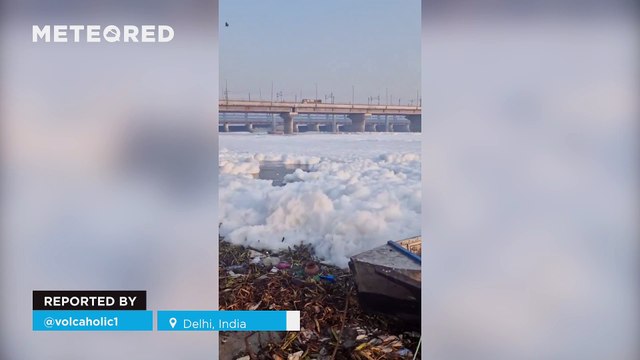 The Yamuna River appears covered with toxic foam in Delhi, India