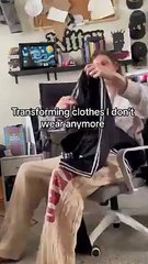 Person is transforming clothes they don't wear anymore and giving them new life!