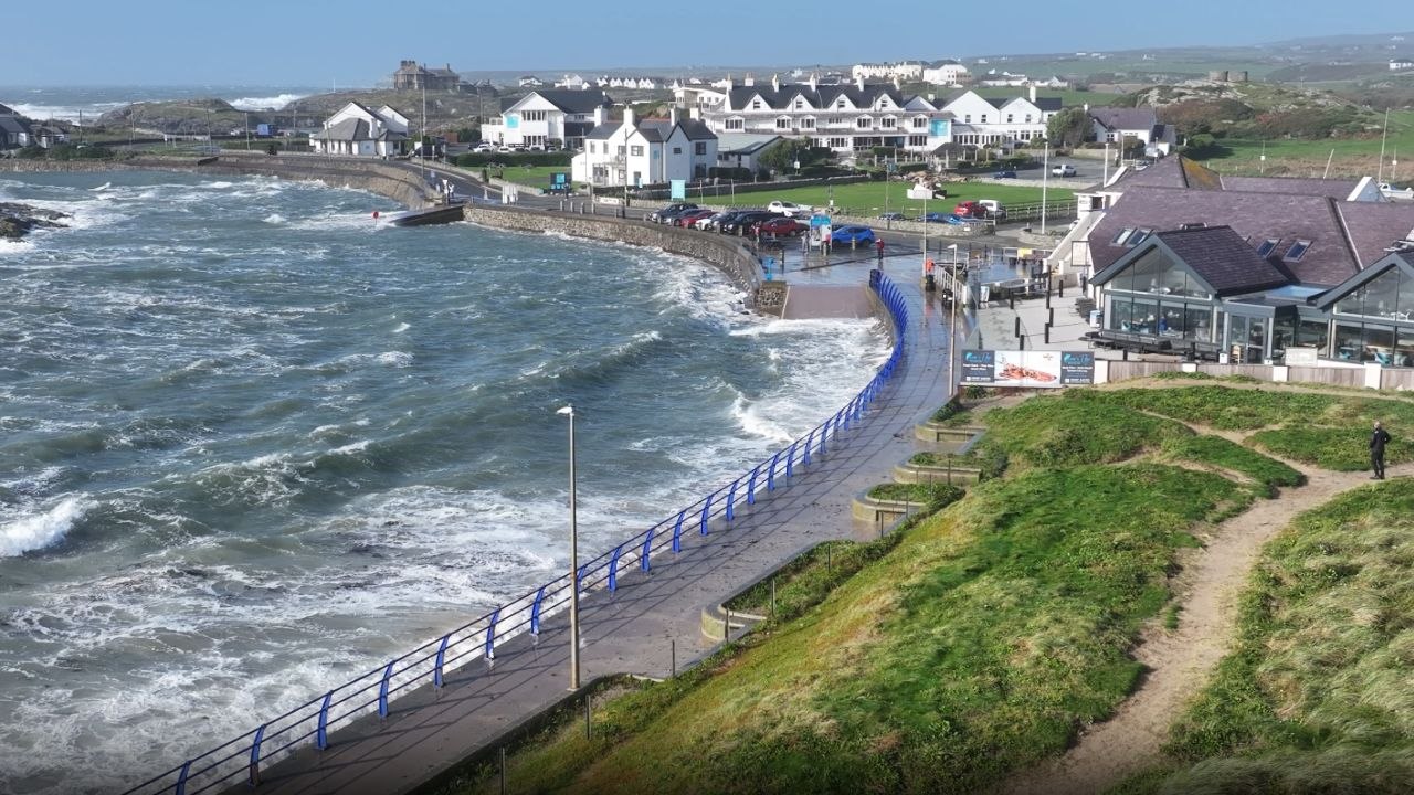 Dramatic drone footage shows waves crashing on Anglesey coast as Storm Ashley hits North Wales