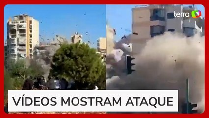 Prédio é completamente destruído após ser atingido por míssil em Beirute, no Líbano
