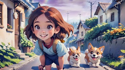 Cute girl walks down a sunny suburban street accompanied by a happy dog .