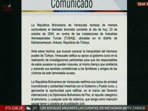 Venezuela rechaza actos terroristas contra las instalaciones de Industrias Aeroespaciales Turcas