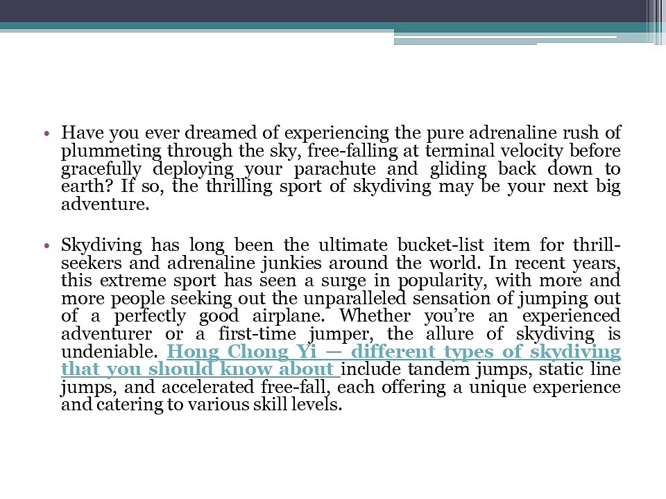 Hong Chong Yi — Experience Thrill of Skydiving: Your Adventure Awaits