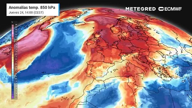 Mapa de anomalías de temperatura a unos 1400 metros, mostrando la irrupción de aire frío prevista.