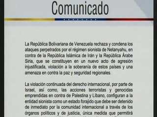 Venezuela rechaza ataques de Israel contra las repúblicas de Irán y Siria