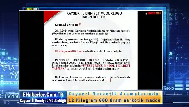 Kayseri Narkotik Aramalarında 12 Kilogram 600 Gram narkotik madde