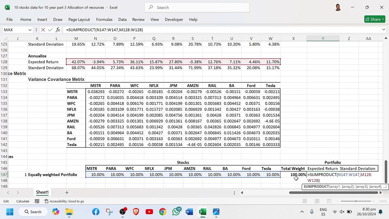 1How to Allocate Assets in a 10-Stock Portfolio in Excel | Urdu/Hindi Tutorial with Excel Solver |  stocks portfolio Allocation of assets in portfolio in excel part 3