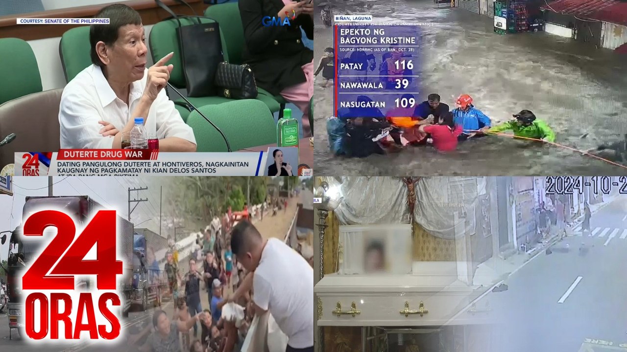 24 Oras: (Part 1) Duterte, inaming nagkaroon siya ng Davao Death Squad na mga mayayamang negosyanteng gusto raw pumatay ng kriminal; NDRRMC: 116 na ang nasawi dahil sa Bagyong Kristine; 15-anyos, patay matapos gulpihin ng SK Kagawad at isa pa, atbp.