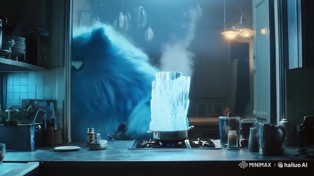 The blue stuffed creature on the screen keeps stirring the pot of soup in front of it, which is steaming hot, after which the blue monster blows up at the pot in front of it, and the bowl of soup in front of it freezes into ice.
