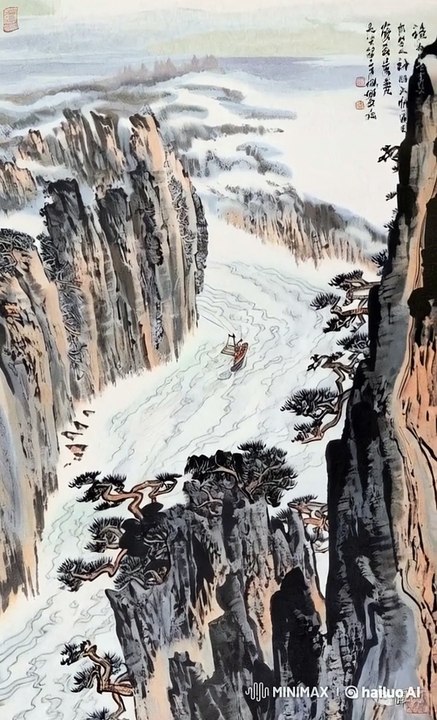 At dawn we leave White King, its clouds all colored, For passage to Kiang-ling in one sun's circuit. While both banks' gibbons cry calls still unceasing, Our light boat has gone by many fold mountains.