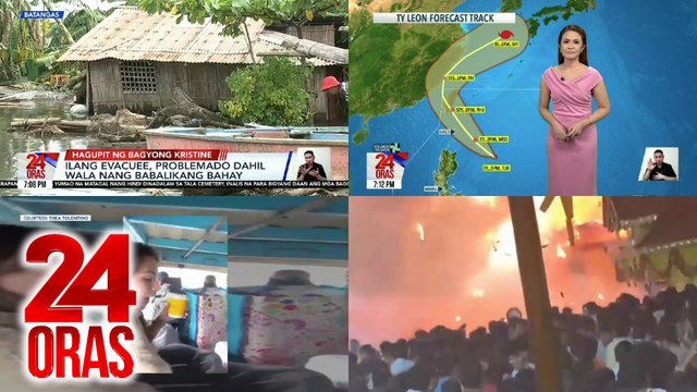 24 Oras: (Part 2) Pag-aayos sa Talisay-Laurel-Agoncillo Rd sa Batangas, posibleng abutin ng isang buwan; Signal no. 2, itinaas sa ilang probinsya sa Luzon; Bagyong Leon, lumakas pa; Mahigit 150, sugatan sa pagsabog ng mga paputok sa isang..., atbp.