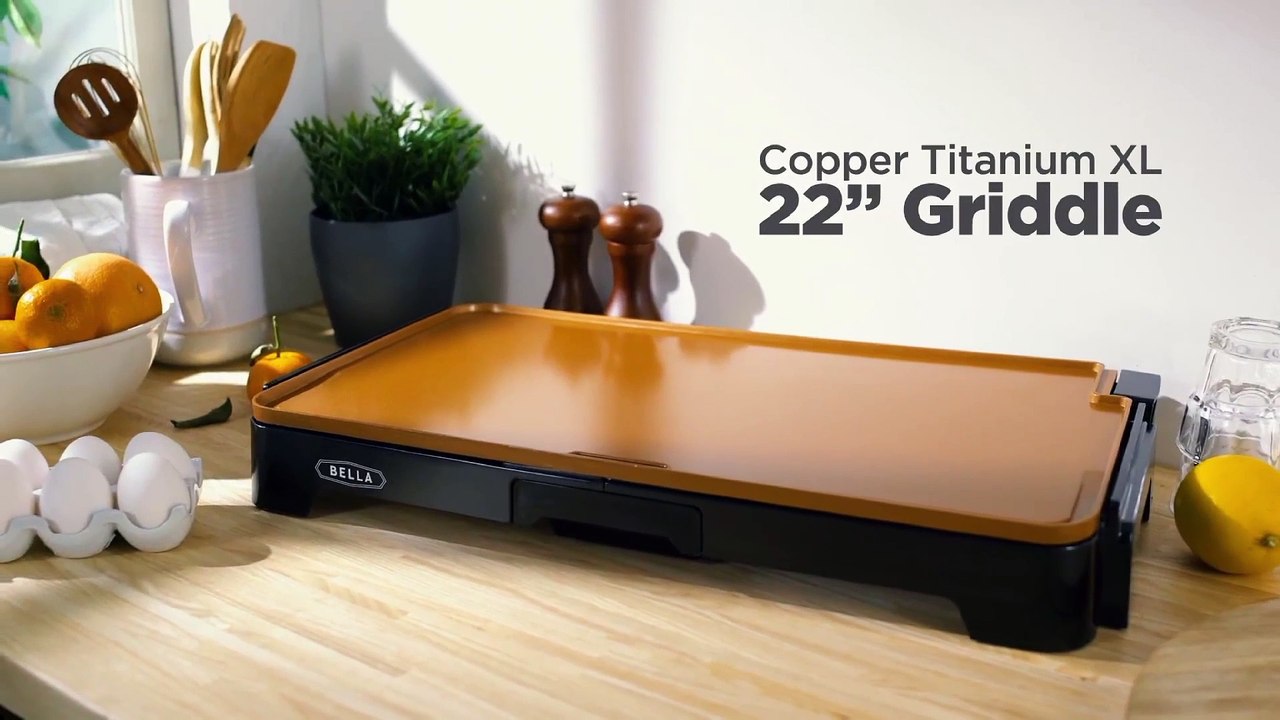 BELLA XL Electric Ceramic Titanium Griddle, Make 15 Eggs At Once, Healthy-Eco Non-stick Coating, Hassle-Free Clean Up, Large Submersible Cooking Surface, 12" x 22", Copper/Black