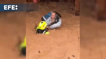 Rescatan a una mujer con sus mascotas de su casa de madera en Utiel inundada por la dana