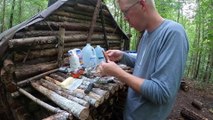 Bushcraft Log Cabin Camping in Rain Storm - Repairing and upgrading my survival shelter with my son