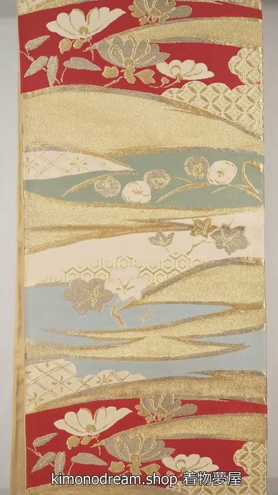 Vintage Formal Fukuro Obi with Flowers & Clouds on Mountains - Subdued Colors - Gold, Red, Blue, White - Shippou, Umezakura, Kaede, Hishi
