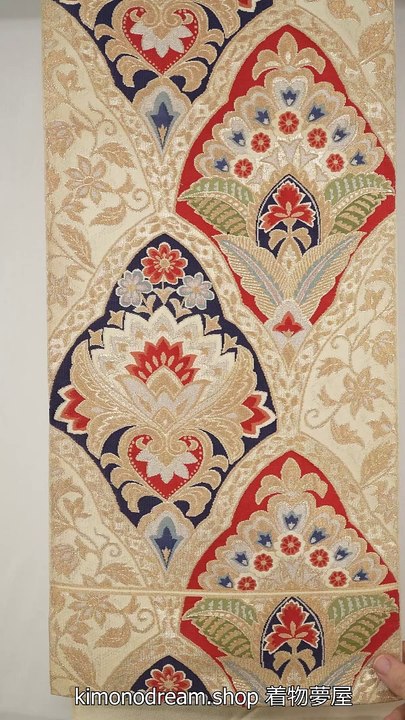 Floral Fukuro Obi with Regal Appearance - Vintage Silk with Metallic Threading Kimono Belt - Gold, Off White, Red, Blue - Online Shop