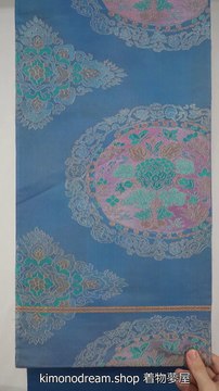 Blue with Gothic Flowers in Circles & Diamonds Fukuro Obi - Floral Vintage Japanese Kimono Belt - Embroidered - Pastels, Pink, Peonies, Maru