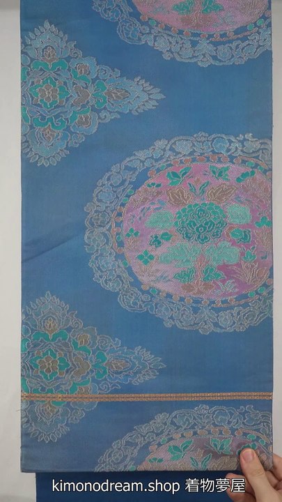 Blue with Gothic Flowers in Circles & Diamonds Fukuro Obi - Floral Vintage Japanese Kimono Belt - Embroidered - Pastels, Pink, Peonies, Maru
