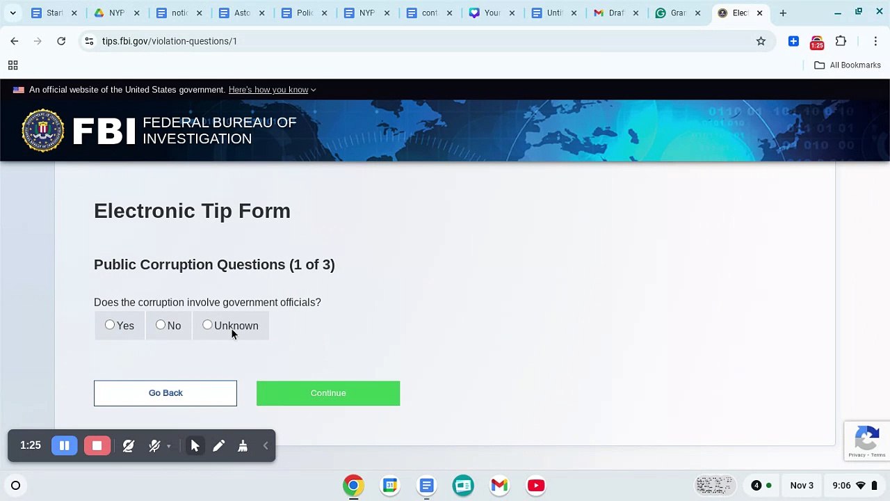 Contacting the FBI on their Electronic Tip Form to report NYC law