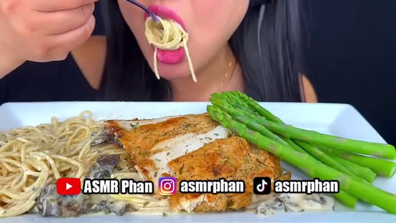 ASMR CREAMY ANGEL HAIR ALFREDO PASTA & CHICKEN CUTLET | MUKBANG | EATING SOUNDS | ASMR PHAN