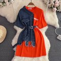 Elegant Summer Women Patchwork Denim Shirts Vintage Casual Slim Blouses Tops with Belted Female Fashion Pullover Clothes