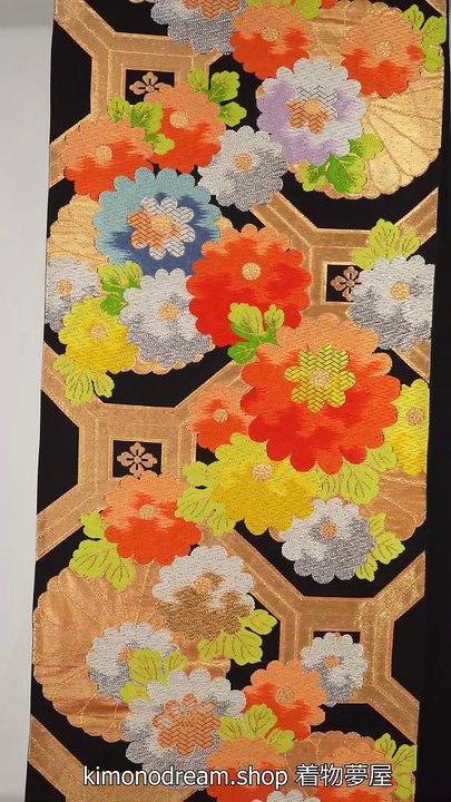 Gold Chrysanthemums & Geometric Tortoise Shells on Black Fukuro Obi - Vintage Silk Floral Kimono Belt for Women - Embroidered Flowers