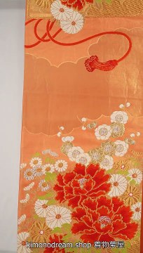 Orange Fukuro Obi with Embroidered Peonies Chrysanthemums & Leaves - Traditional Silk Kimono Belt for Women - Vintage Yamato Brand Clothing