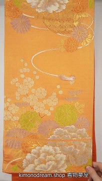 White Peonies Colorful Chrysanthemums on Light Orange Fukuro Obi - Yamato Brand, Gold Threading, Floral Kimono Belt - Vintage Silk Floral - Umezakura