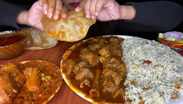 ASMR_SPICY MUTTON CURRY+POORI+DUM ALOO+JEERA RICE+SALAD _BIG BITES_ MESSY EATING l FOOD VIDEOS l