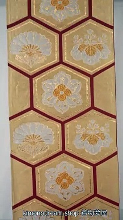 Peonies Chrysanthemums & Paulownias in Tortoise Shells Gold on Red Fukuro Obi - Vintage Women's Kimono Belt - Made in Japan - Kikkou, Floral, Retro