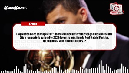 Football: Rodri, sacré ballon d’or 2024- 73,09% des internautes, pas d’accord ( Sondage)