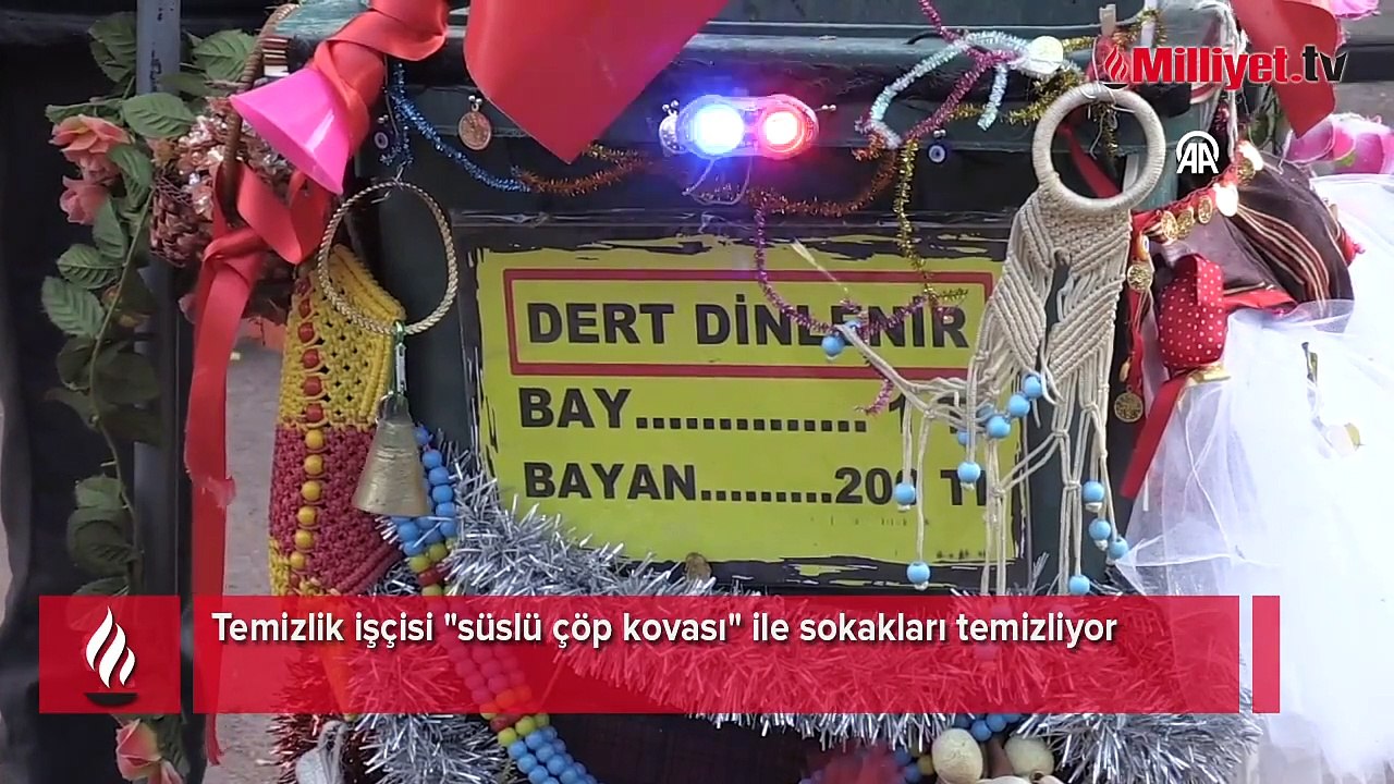 Temizlik işçisi "süslü çöp kovası" ile sokakları temizliyor