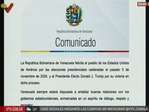 Comunicado | Venezuela está dispuesta a establecer relaciones con el Gobierno electo de EE.UU.